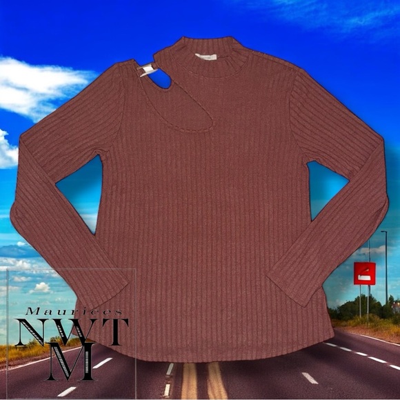 Maurices Sweater NWT Pink Brown Ribbed Mock Neck Shoulder Cut Out Long Sleeve M - Picture 12 of 16